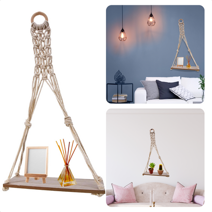 Cheqo® Luxe Plantenhanger - Wanddecoratie - Wandhanger - MDF Plank - Lichte Houtskleur - Wit Touw - 30x10,5x59,5cm Plantenhanger