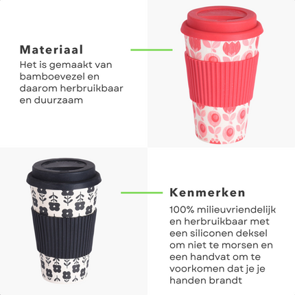 Cheqo® Bamboe Vezel Drinkbeker - 425ml - 125g - Herbruikbaar - TPR Sleeve - Siliconen Deksel - Geen Kleur of Print Kiezen - Koffiebeker - Duurzaam - Theebeker - Voor Onderweg - Vaatwasserbestendig - Compact formaat - Hittebestendig drinkbekers