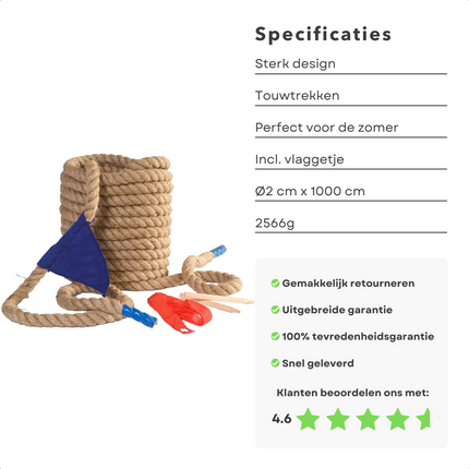 Cheqo® Touwtrekspel - 10m - Ouderwets Touwtrekken - 1 tegen 1 of 2 Ploegen - 2cm Diameter - Vlaggetje in het Midden Touwtrekken