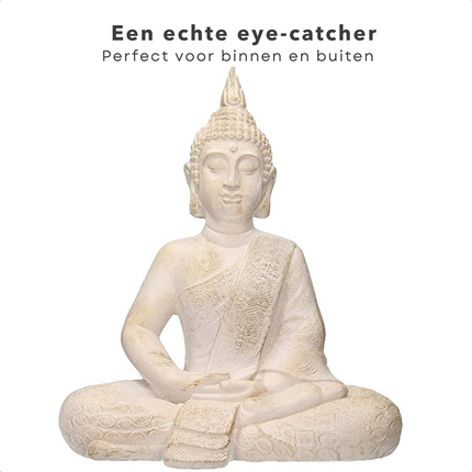 Cheqo® Boeddha Zittend Tuinbeeld - Boeddhabeeld - 41x23,5x49cm - Crème - Antieke Afwerking - Lichtbeton Boeddhabeelden