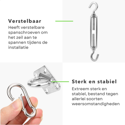 Cheqo® Bevestigingsset Zonnezeilen en Schaduwdoeken - 3 Delig - Ophangset voor Schaduwdoek - 1x Karabijnhaak - 1x Spanmoer - 1x Plaatje met Oog - Metaal Schaduwdoek bevestigingsmateriaal