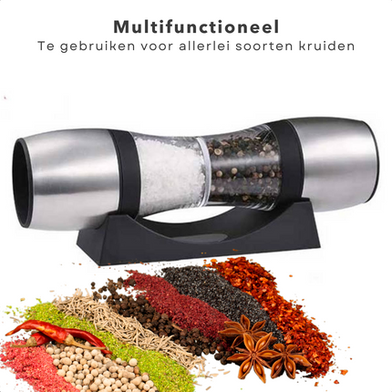 Cheqo® Luxe Peper- & Zoutmolen met Houder - RVS - ø5.5 x 23 cm - Keramische Maalschijf - Hervulbaar - Zwart & Zilver - Pepermolen - Zoutvaatje - Peper Zoutstel Peper- & Zoutstellen