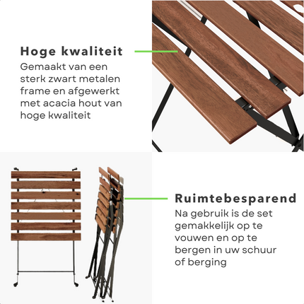 Cheqo® Bistroset 3-delig - Tuinset - Tafel Met Stoelen - Acacia Hout & Zwart Metaal Frame - 54x54cm - Opvouwbaar - Licht van Gewicht - 13.4kg Bistroset