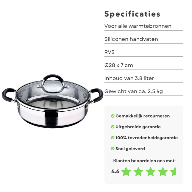 Cheqo® Serveerpan - Braadpan - RVS - Ø28cm x 7cm - 3.8L - Inclusief Deksel - Siliconen Handvatten - Maataanduiding - Alle Warmtebronnen - Geschikt voor Inductie Serveerpan