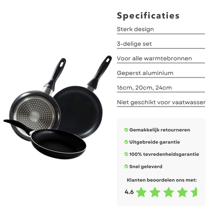Cheqo® PRO 3-Delige Koekenpannenset - Koekenpan Set - Pannenset - Geperst Aluminium - Geschikt voor Gas, Elektrisch, Keramisch, Halogeen Koken Koekenpan