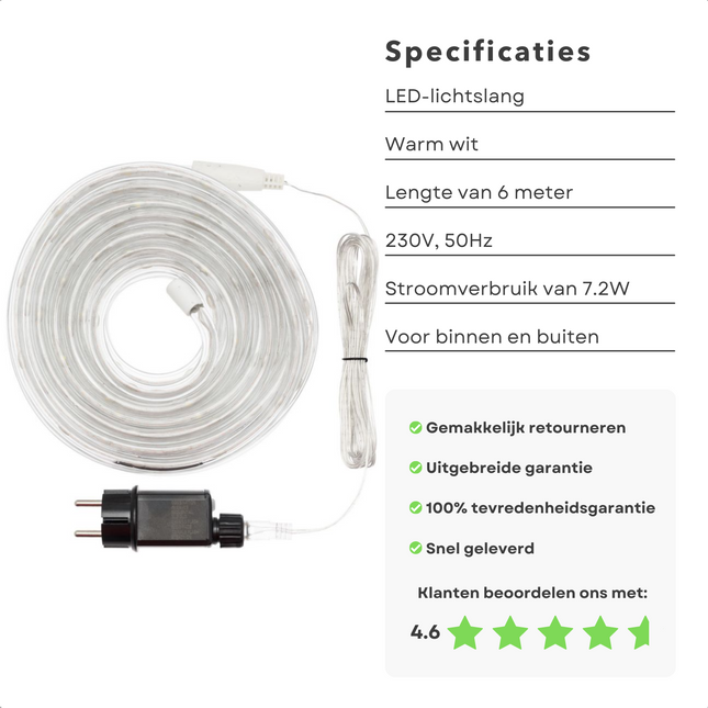 Cheqo® LED Lichtslang - 6 Meter - 144 LED's - Warm Wit - Voor Binnen & Buiten - 150cm Aansluitsnoer - Lichtsnoer - LED Snoer - Kerstverlichting - Sfeerverlichting - Terrasverlichting - Buitenverlichting - Waterdicht - Lichtslinger - Lampjes Slinger Lichtsnoeren
