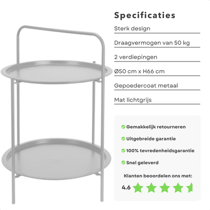 Cheqo® Bijzettafel 50 cm - Metaal (gepoedercoat) - Mat licht grijs - 66 cm Hoogte - 2 Verdiepingen - Tafeltje - Tuintafel - Bijzettafel voor Binnen en Buiten - Nachtkastje Bijzettafel