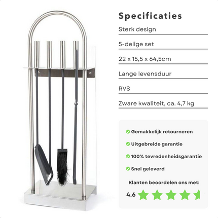 Cheqo® Openhaardset RVS - Haardstel - Haardet - Haard Accessoires - 5-delig met Veiligheidsglas - 22x15.5x64.5cm - Met Borstel, Schep, Pook, Tang - Rvs Grepen Haardstel