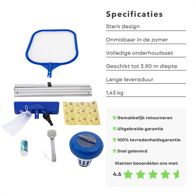 Cheqo® Zwembad Onderhoud Set - Schepnet, Steel, Vuilzuiger, Drijver, Thermometer, 50 Teststrips, 9 Reparatieplakkers - Geschikt voor Zwembaden tot 3.90m - Zwembad Schoonmaakst Zwembad Reiniging