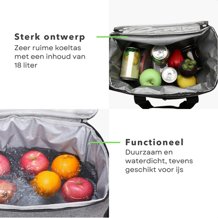 Cheqo® Koeltas 18 Liter - Grijs - 18L - Koelbox - Koelen - Koelelement - 18 cm - Voor op het Strand & Camping - Lunchtas - Geïsoleerd - Picknicktas - Verstelbare Schouderband - Stevige Rits - Draagbaar Koeltas