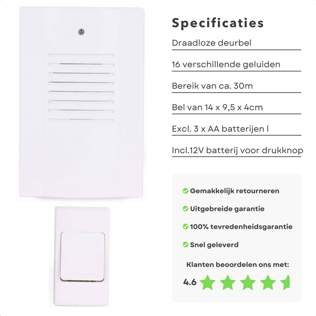 Cheqo® Draadloze Deurbel - 16 Geluiden - 30m Bereik - 14x9,5x4cm - Op Batterijen Draadloze Deurbel