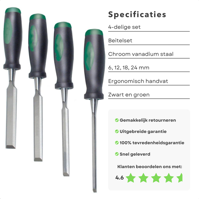 Cheqo® Professionele Steekbeitelset 4-delig - 6-12-18-24mm - Chroom Vanadium Staal - Ergonomische Greep - Vlijmscherp Geslepen - Incl. Beschermkap - Beitel - Houtbeitel - Steekbeitel - Beitelset Beitels