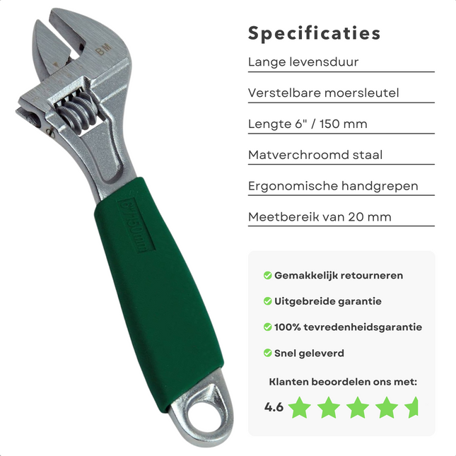 Cheqo® PRO Verstelbare Moersleutel 6" (150mm) - Hoogwaardig Staal, Geharde Bek, Schaalverdeling mm - Antislipgreep Moersleutel