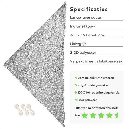 Cheqo® Schaduwdoek Camouflage - Camouflagenet - Camouflage Net - Buitennet - Driehoek 360x360x360cm - Lichtgrijs - 210D Polyester - 3x 3.50m Touw - Met Afsluitbare Draagzak Schaduwdoek