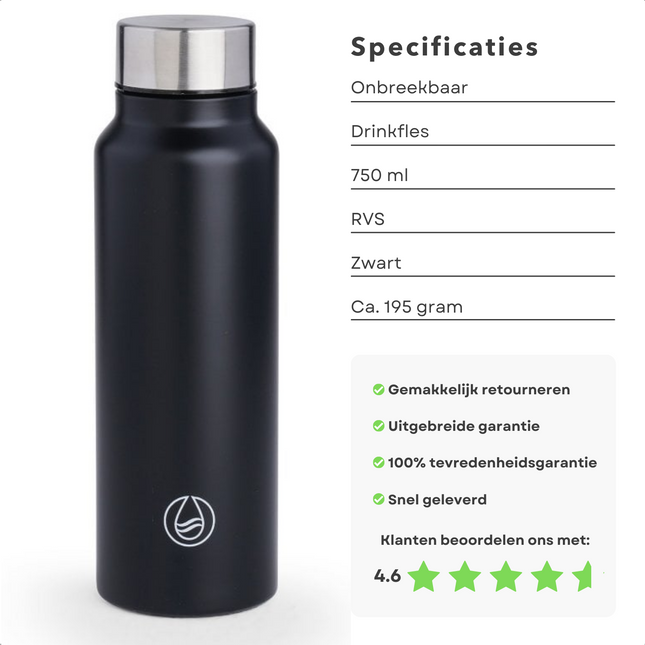Cheqo® Luxe Drinkfles - Waterfles - 750ml - 195g - RVS - Enkelwandig - Onbreekbaar - Modern Design - Zwart - Thermosfles - Isoleerkan Thermosfles
