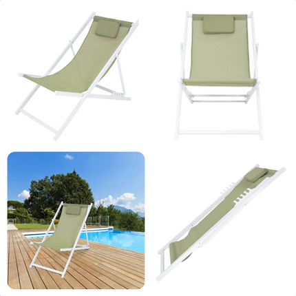 Cheqo® Ligstoel - Opvouwbare Tuinstoel - Strandstoel Opvouwbaar - Campingstoel - Wit Aluminium Frame - Groen Doek - Inklapbaar - Verstelbaar - 101x61x91cm - Gewicht 3.8kg Campingstoel