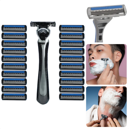 Cheqo® Scheermesjes voor Heren - Houder + 21 Mesjes - Scheermes - 3 Blades - Easy Grip Handvat - Roestvrijstaal - Voor Een Zachte Gladde Huid Scheermesjes