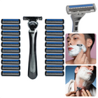 Cheqo® Scheermesjes voor Heren - Houder + 21 Mesjes - Scheermes - 3 Blades - Easy Grip Handvat - Roestvrijstaal - Voor Een Zachte Gladde Huid Scheermesjes