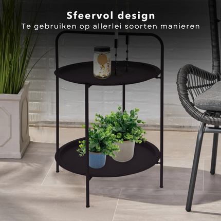 Cheqo® Bijzettafel 50 cm - Metaal (gepoedercoat) - Mat donker grijs - 66 cm Hoogte - 2 Verdiepingen - Tafeltje - Tuintafel - Bijzettafel voor Binnen en Buiten - Nachtkastje Bijzettafel