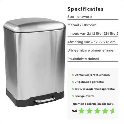 Cheqo® Prullenbak - Pedaalemmer - Afvalbak - Afvalemmer met 2 vakken - 12L + 12L - Metaal - Chroom - Soft Close - Reukdicht - Licht Bedienbaar - Fingerprint Proof - 37cm x 29,5cm x 51cm Pedaalemmer