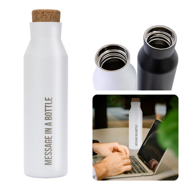 Cheqo® Thermosfles 590ml - RVS - Isolatiefles - Thermoskan - RVS Fles - Vacuümfles - Message in a Bottle - Wit Isolatiefles