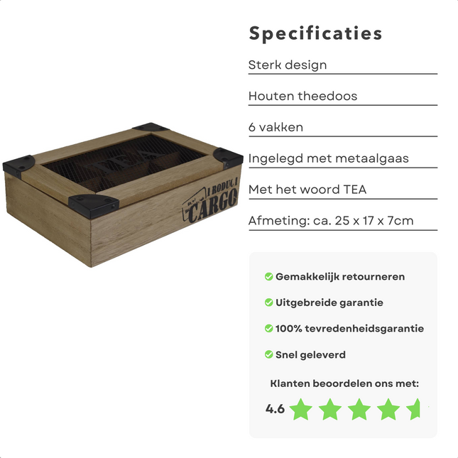 Cheqo® Theekist 6 Vaks - Theedoos - Cargo - Houten Kist - Theezakjes - Metalen Gaas - 25x17x7cm Theekist