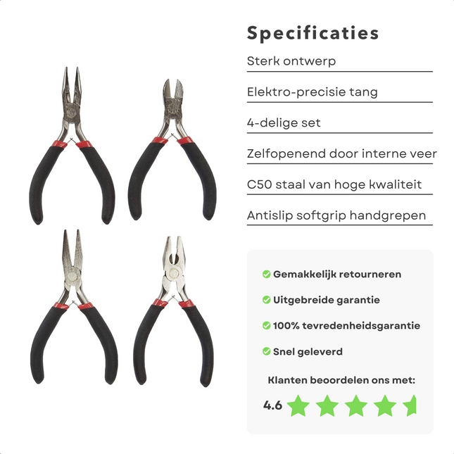 Cheqo® 4-delige Elektro Precisie Tangenset - Zelfopenend - Meervoudig Verchroomd c50 Staal - Antislip Softgrip Handgrepen - 4-delige set - Veilig - Inwendige Veer - Elektra - Tangenset Tangensets