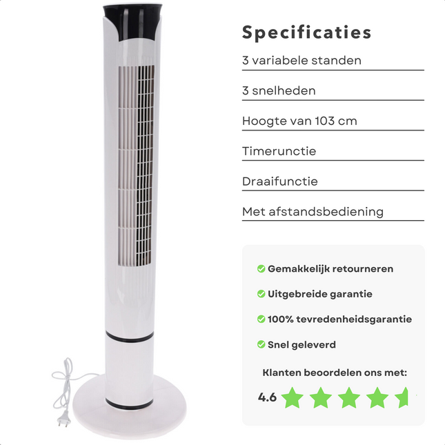 Cheqo® Torenventilator met Afstandsbediening - Ventilator - Fan - 100cm - 45W - 150cm snoer - Oscillatiefunctie - Digitale Display - 3 Snelheden - 3 Variabele Standen - Timerfunctie Ventilator