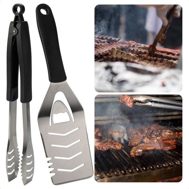 Cheqo® - Barbecue Gereedschap - 2 delig - RVS - Spatel - Tang - Flesopener - 450 g - BBQ Gereedschap - Barbecue Accessoires - Vleestang Barbecuegerei-sets