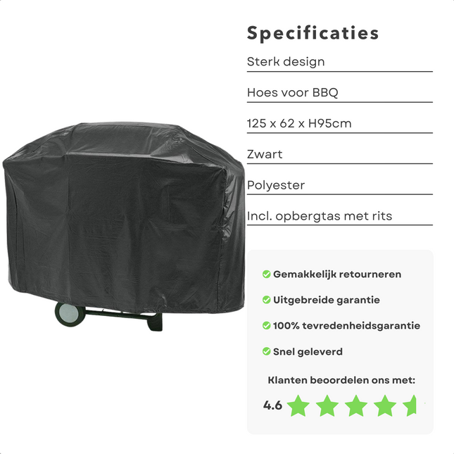 Cheqo® Afdekhoes Rechthoekige Barbecue - BBQ Hoes - Barbecue Hoes XL - 125x62cm - 95cm Hoog - Zwart - Polyester - Incl. Opbergzak met Rits Barbecuehoezen