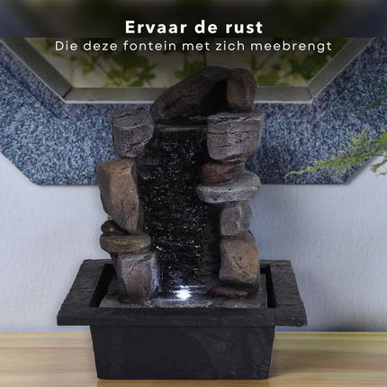 Cheqo® Stone Waterfontein - Waterornament - Fontein - Stoere, Robuuste Vormgeving - IP20 - 1 LED (Wit) - 22x19xH28cm - Polystone/Polyresin - 150cm Kabellengte - 2 Modellen Waterornament
