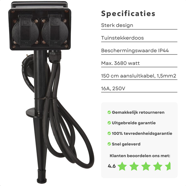 Cheqo® Praktische Tuinstekkerdoos - Stekkerdoos Buiten - Tuincontactdoos - 4-Voudig - Buitencontactdoos 2+2-Voudig - Met Grondpen - Randaarde - Kinderbeveiliging - IP44 - 3680W - 16A - 250V Stekkerdoos