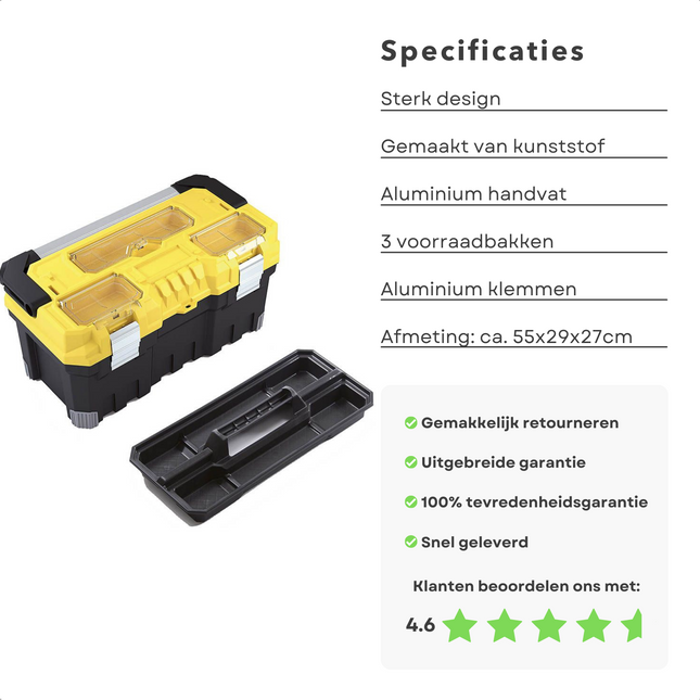 Cheqo® XL Gereedschapkoffer - Gereedschap Koffer - 55x29x27cm - Met Inzetbak - 3 Voorraadbakken - Aluminium Handgreep & Vergrendeling Gereedschapskoffers