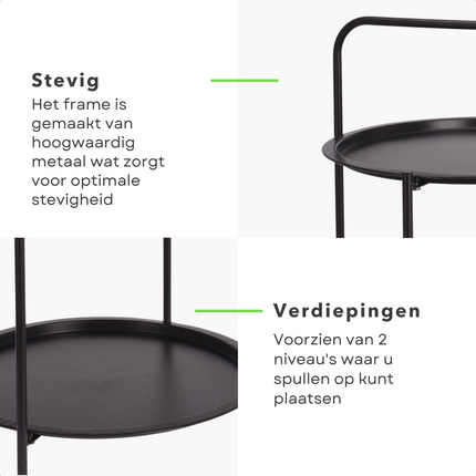 Cheqo® Bijzettafel 50 cm - Metaal (gepoedercoat) - Mat donker grijs - 66 cm Hoogte - 2 Verdiepingen - Tafeltje - Tuintafel - Bijzettafel voor Binnen en Buiten - Nachtkastje Bijzettafel