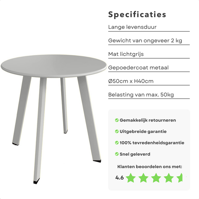 Cheqo® - Metalen Tafel - 50 cm - Licht Grijs - Gepoedercoat - 45 cm Hoogte - Tafeltje voor Binnen of Buiten - Bijzettafel - Tuintafel - Rond - Woonkamer - Slaapkamer - Kantoor - Plantentafel Bijzettafel