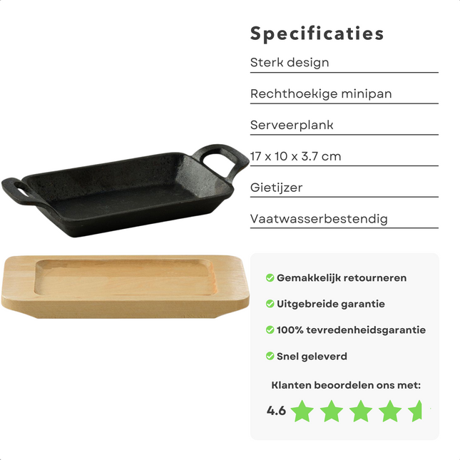 Cheqo® Rechthoekige Mini Pan - Tapaspan - 17x10x3,7cm - Gietijzer - Serveerplank - 20x10x1cm - 785g - Gas, Elektrisch, Keramisch, Halogeen, Oven - Veelzijdig - Vaatwasserbestendig Hapjespan