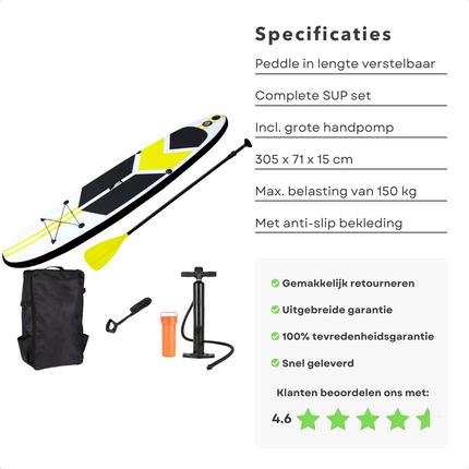 Cheqo® Complete SUP-Set - Opblaasbaar SUP Board - Stand Up Paddle Board - 320cm - 150kg - Double Layer - EVA Anti-Slip - Peddel - Handpomp - Surf Leash - Reparatiekit - 12kg - Lime SUP Board