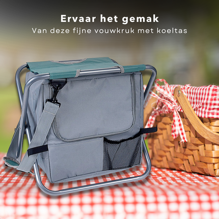 Cheqo® Vouwkruk met Koelbox - Koeltas Opvouwbaar - 30x30x20 cm - Campingstoel - Vissersstoel - Reistas - Stoel - Groen Koelbox