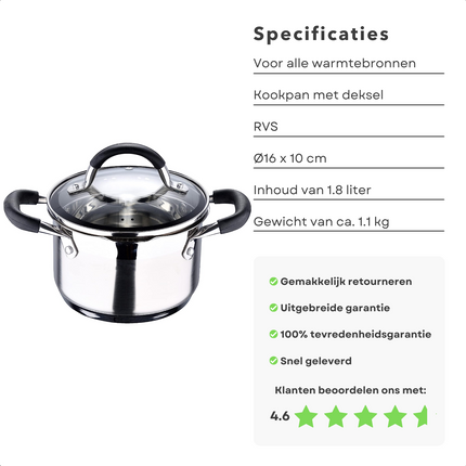 Cheqo® Kookpan met Deksel - Alle Warmtebronnen - Ook voor Inductie - Ø16 cm - 1.8L Kookpan