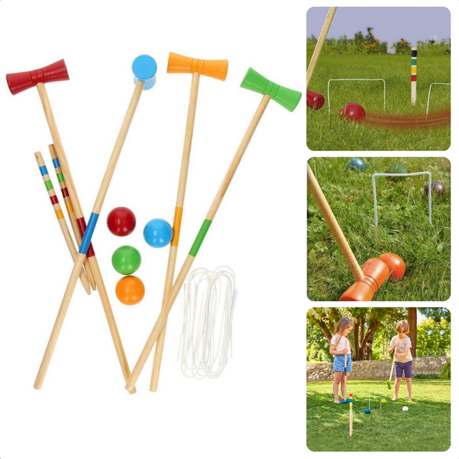 Cheqo® XL Houten Croquet Familiespel - Croquet Set - Croquethamer - Complete Set voor 4 Spelers - Met Croquethamers, Gekleurde Ballen, Poortjes & Palen Croquet