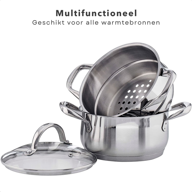 Cheqo® RVS 18/10 Stoompan - 18cm - 2,2L - Aardappels Koken & Groente Stomen - Mat & Glanzend - Glazen Deksel - Maatverdeling - Geschikt voor Alle Warmtebronnen - Vaatwasmachine-bestendig - Kookpan - Uitneembaar Stoommandje - Stay cool Handvatten Kookpan