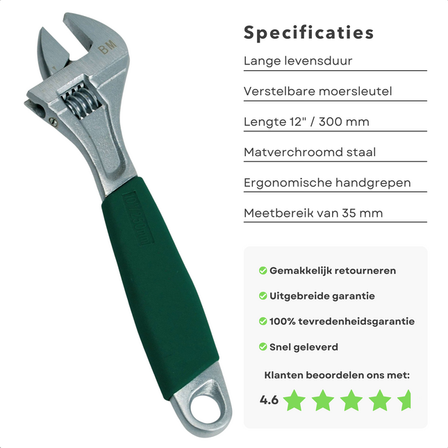 Cheqo® PRO Verstelbare Moersleutel 12" (300 mm) - Hoogwaardig Staal - Geharde Bek -  Schaalverdeling mm - Antislipgreep Moersleutel