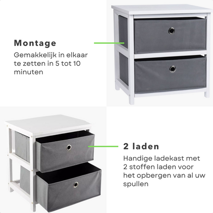 Cheqo® Opbergkastje - 2 Lades - Kastje - Nachtkastje - MDF - 45x40x30cm Opbergkast