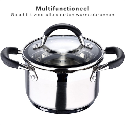 Cheqo® Kookpan met Deksel - Alle Warmtebronnen - Ook voor Inductie - Ø16 cm - 1.8L Kookpan