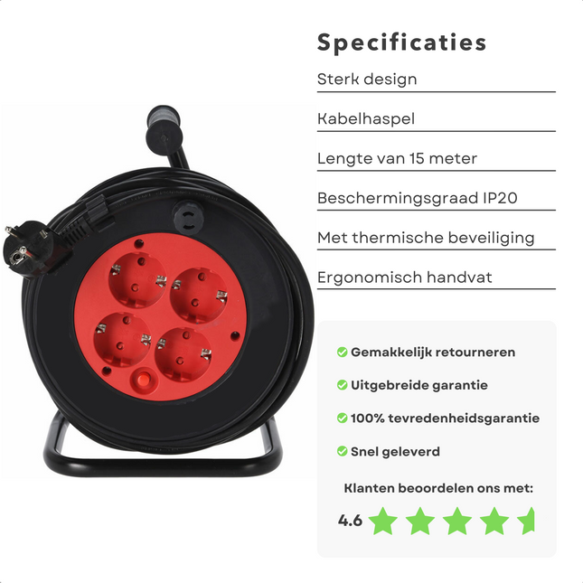 Cheqo® Kabelhaspel 15m - Haspel - Verlengsnoer - 4 Stopcontacten - IP20 - 3x1.5mm2 - Randaarde - Kinderbeveiliging - Thermische Beveiliging - Ergonomisch Handvat - 3000W Max. Vermogen - 1000W Max. Vermogen - Alleen Binnenshuis. Kabelhaspels