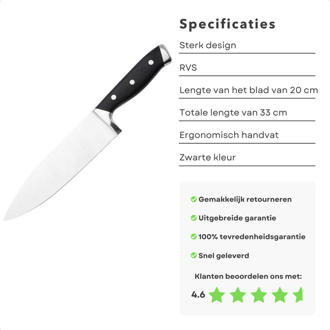 Cheqo® PRO Koksmes - 20cm - RVS - Chef Knife - Vlees, Vis & Groente - Ergonomisch Heft - 3 Klinknagels Koksmes
