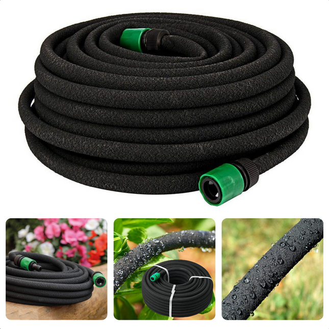 Cheqo® Flexibele Hydraterende Druppelslang 15m - Druppelslang - Druppelsystemen - Zweetslang - Bewatering - Bewateringssysteem - Druppelsysteem - Irrigatie set - Sproeislang - Waterbesparend - Met 2 Koppelstukken - Boven- & Ondergronds Gebruik Druppelsysteem
