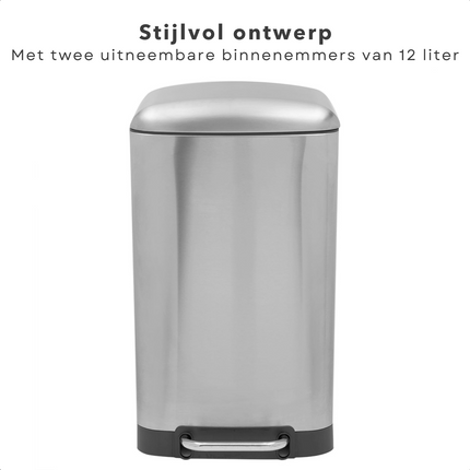Cheqo® Prullenbak - Pedaalemmer - Afvalbak - Afvalemmer met 2 vakken - 12L + 12L - Metaal - Chroom - Soft Close - Reukdicht - Licht Bedienbaar - Fingerprint Proof - 37cm x 29,5cm x 51cm Pedaalemmer