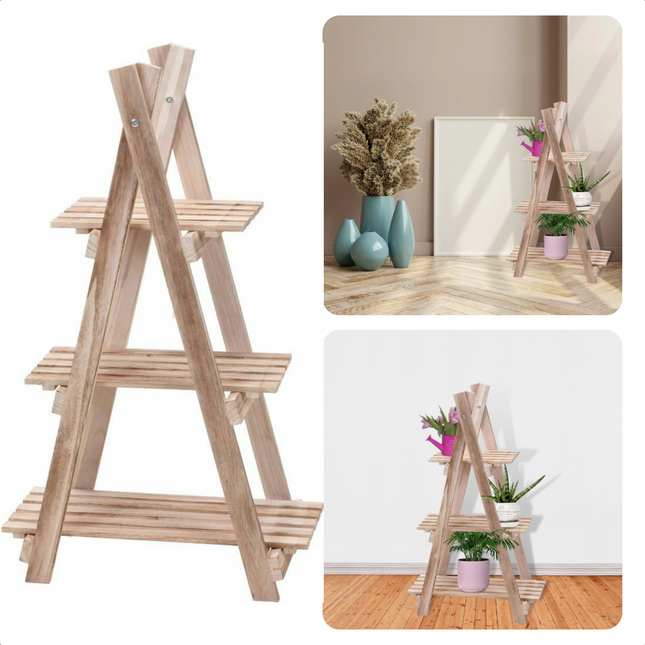 Cheqo® Bloemen Etagere - Plantenstandaard - Ladderkast - 3 lagen - Lichte, houten kleur - Afmeting 28x50xH84cm - Bloemenrek - Plantenrek - Bloementafel - Plantentafel - Decoreerrek - Decoreertafel Plantenrekken