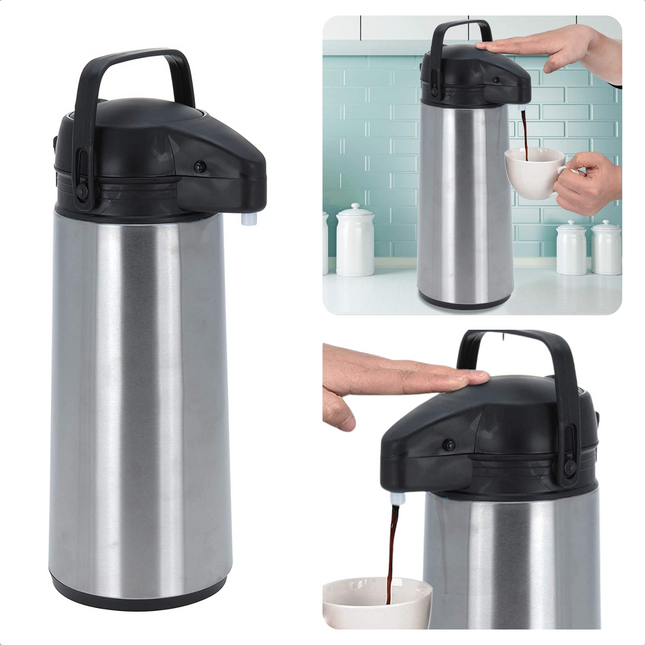 Cheqo® Thermos Pomp - 1.8L Roestvrij Staal - Isoleerkan met Pomp - Thermoskan met Pomp - Zwarte Dop & Handvat - Houdt 6 Uur Warm - 1800ml - Afmeting 17x14x36cm Thermosfles